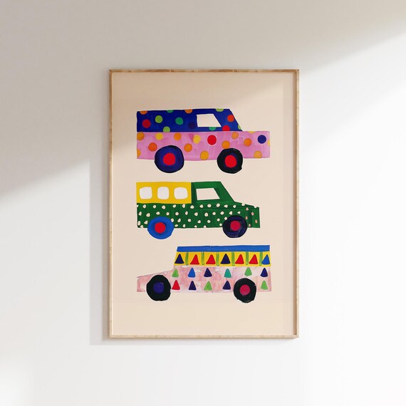 Patterned Cars Art Poster for Boys Room Colorful Nursery Decor