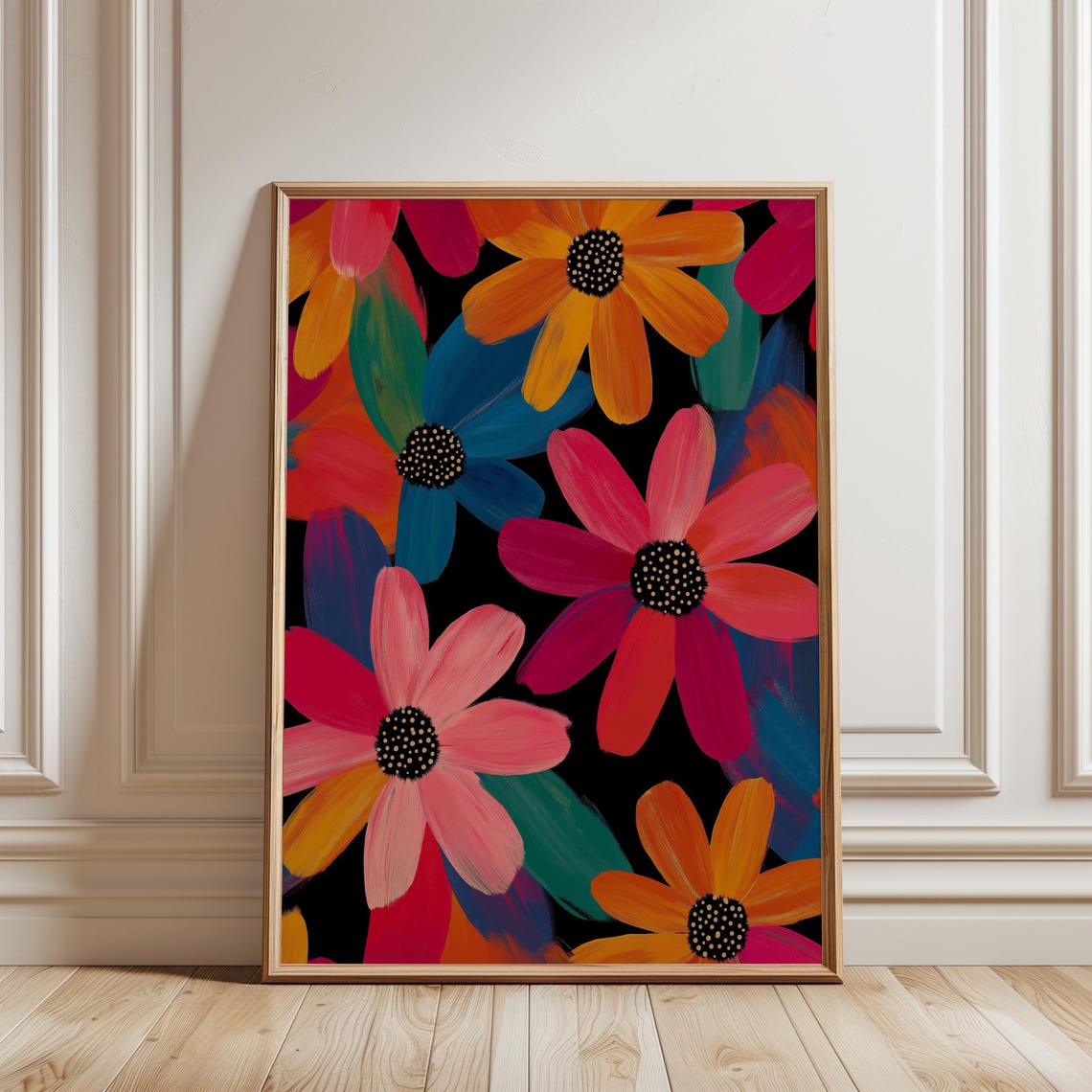 Colorful Daisy Flower Print Black Background Modern Boho Wall Poster