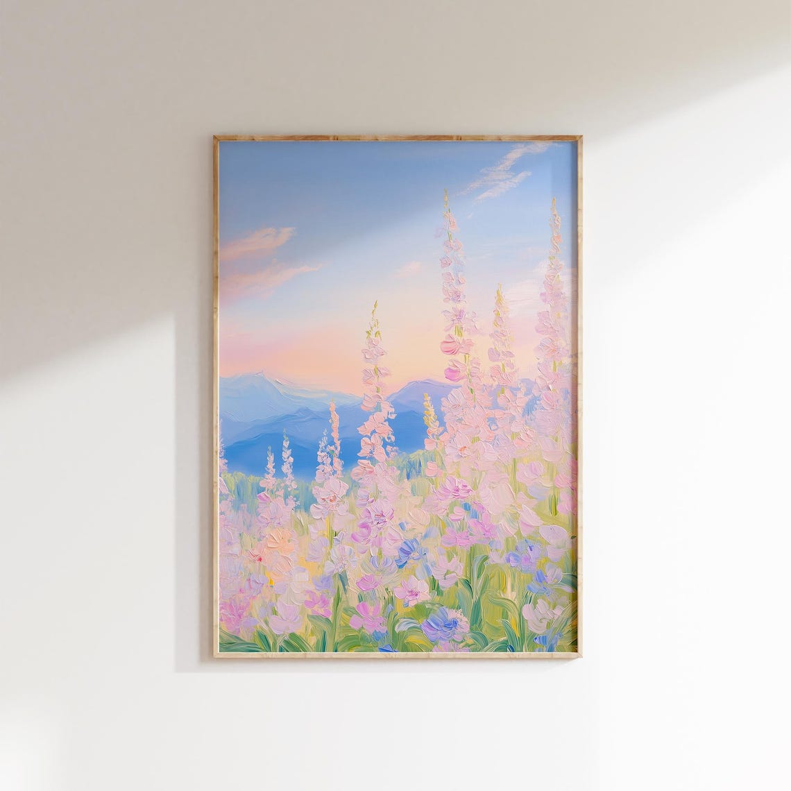 Pastel Tall Wildflowers Mountain Sunset Meadow Landscape Art Poster