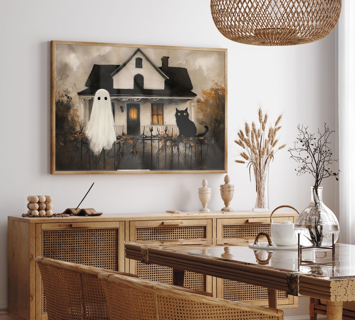 Cute Ghost And Black Cat At Spooky Farmhouse Halloween Poster - Image 2