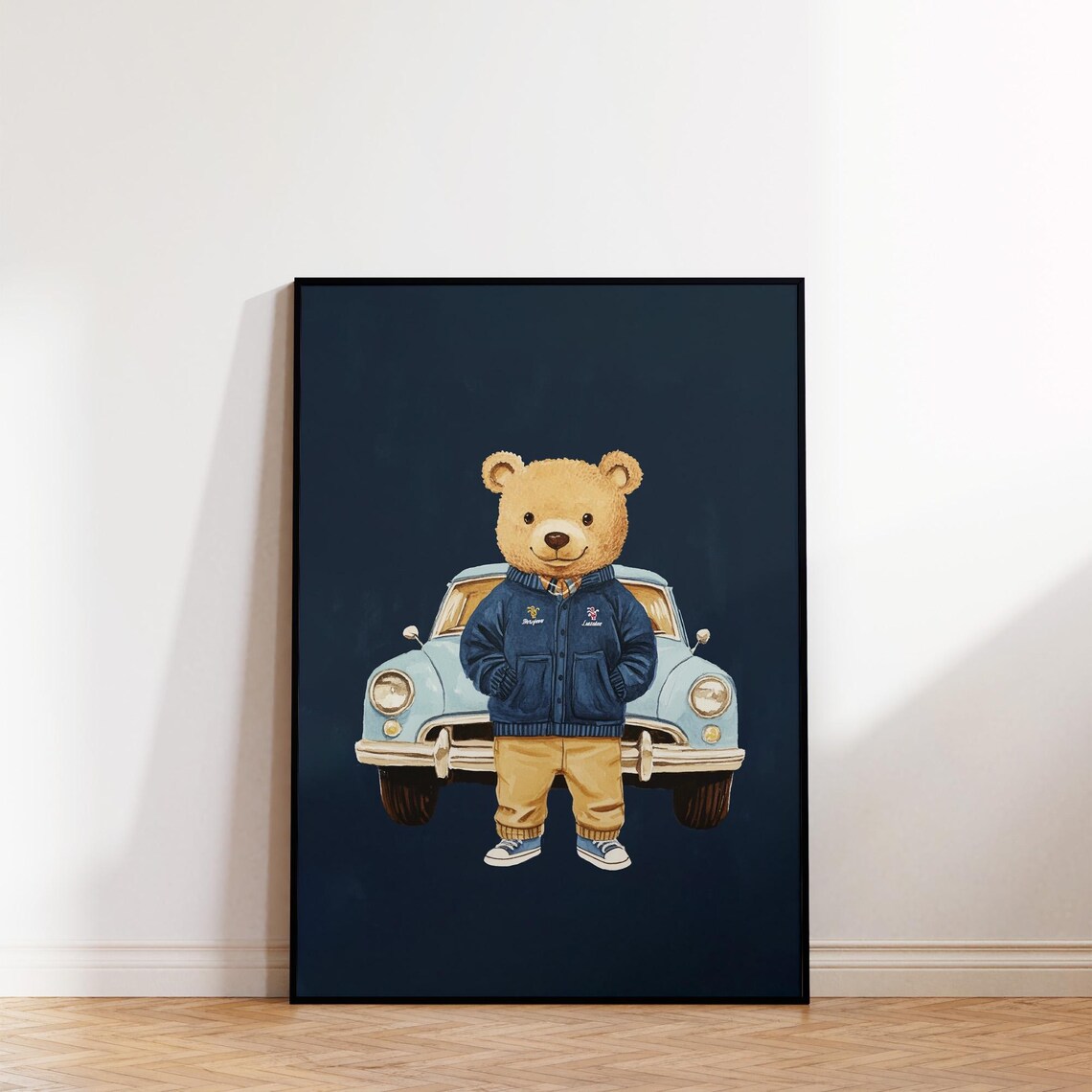 Teddy Bear in Varsity Jacket Standing by a Vintage Car Retro Kids Poster - Image 2