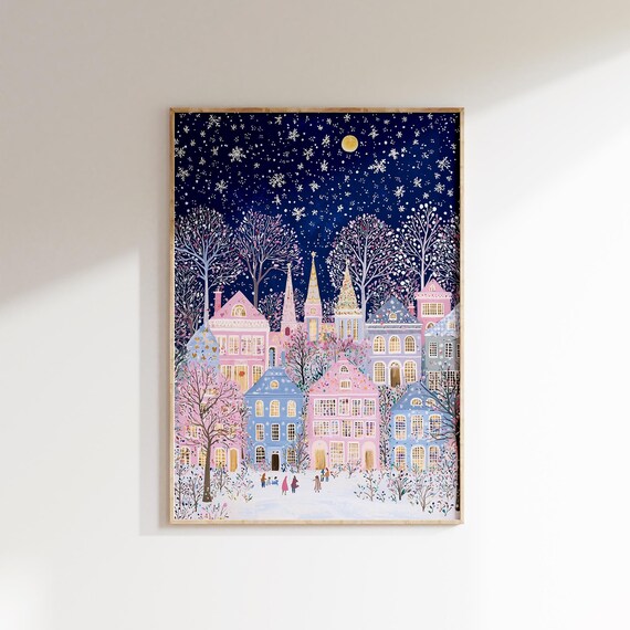 Cozy Christmas Village Snowy Night Winter Wonderland Holiday Poster