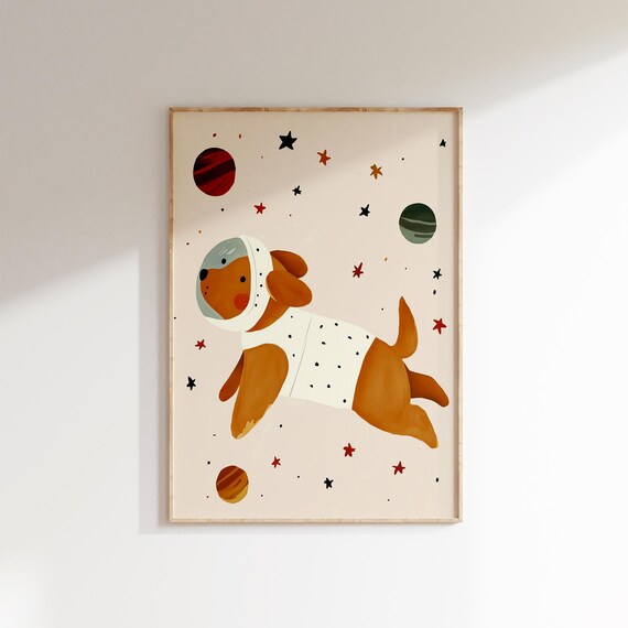 Astronaut Dog Floating In Space Among Planets Kids Nursery Animal Poster