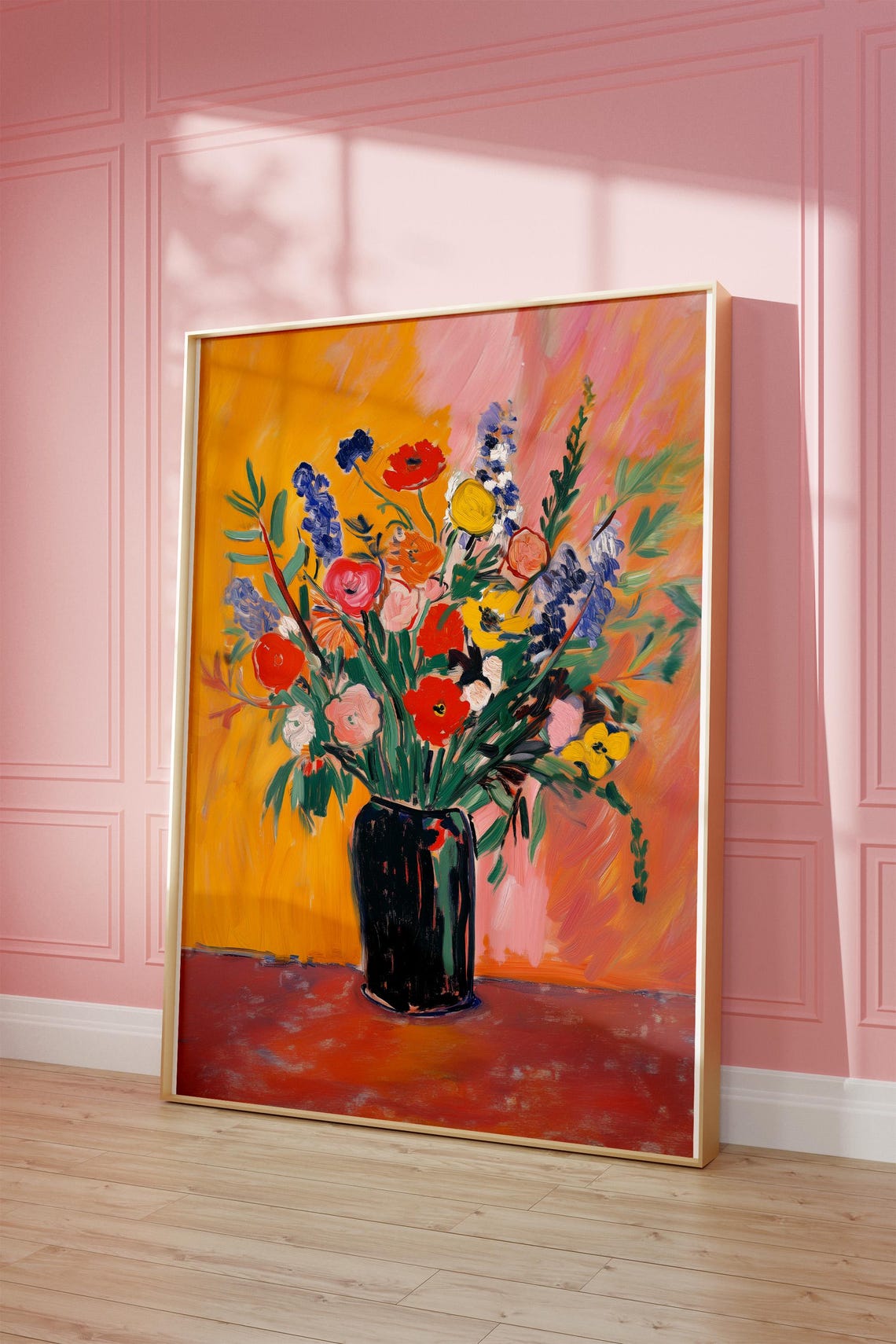 Vibrant Flower Bouquet Black Vase Warm Orange Background Poster