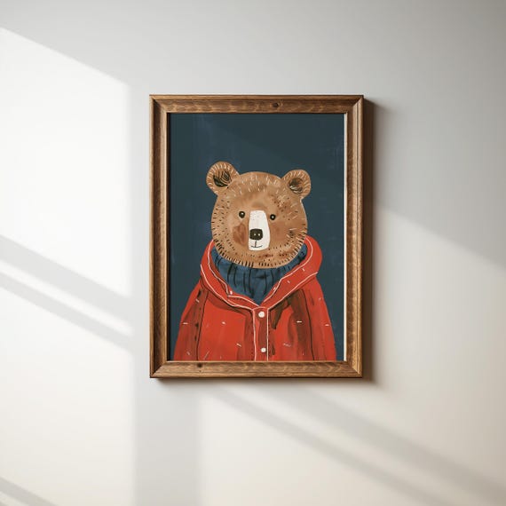 Bear In Jacket Wall Art Nursery Animal Print Kids Room Decor Playroom Poster Boys Room Art Cozy Bear Animal Lover Gift
