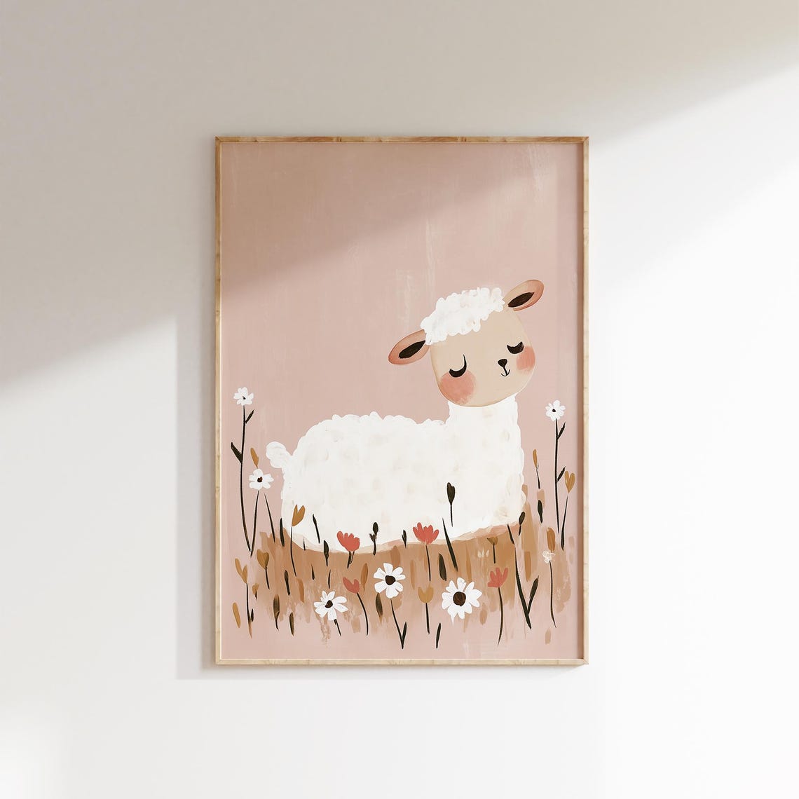 Peaceful White Lamb Resting In Daisy Meadow Nursery Art Poster - Image 2