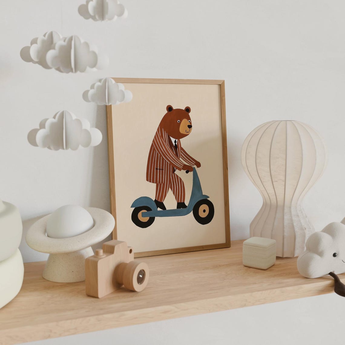 Cool Dapper Bear Riding Blue Scooter Nursery Kids Room Wall Art