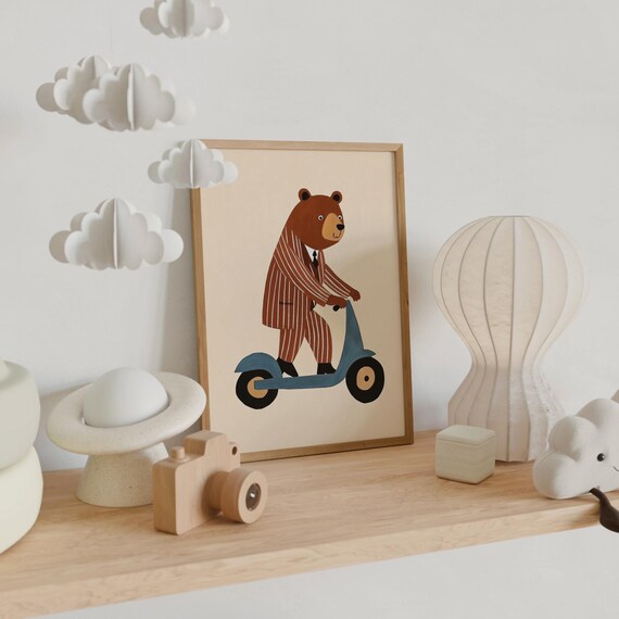 Cool Dapper Bear Riding Blue Scooter Nursery Kids Room Wall Art