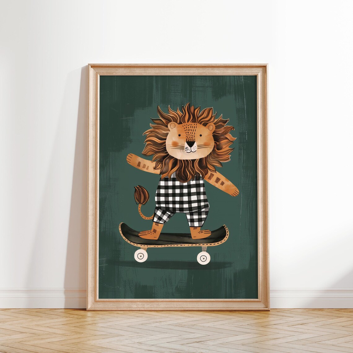 Lion On Skateboard In Plaid Outfit Cute Kids Room Nursery Animal Poster - Image 2
