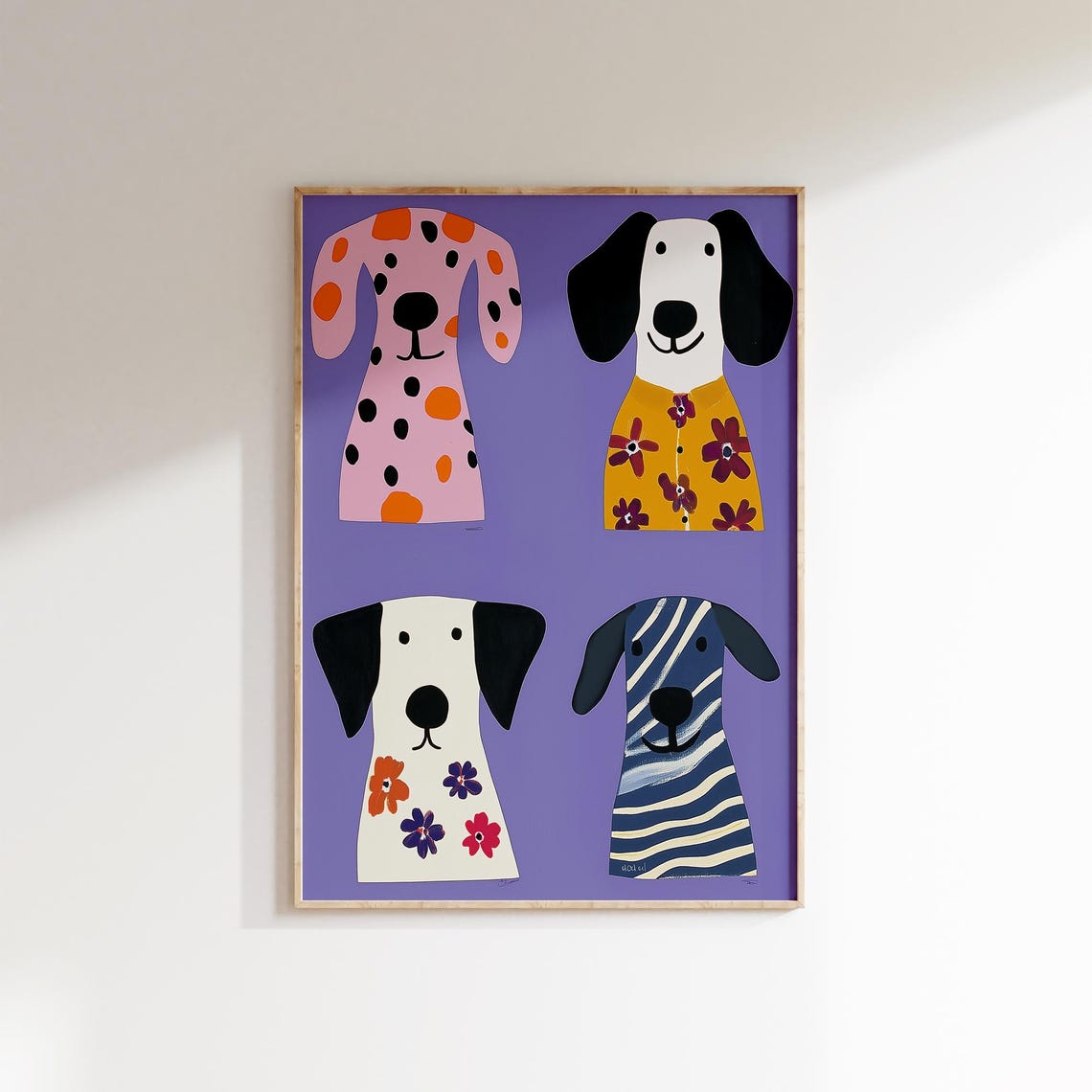 Colorful Puppy Collection Four Floral Striped Dogs Purple Wall Poster