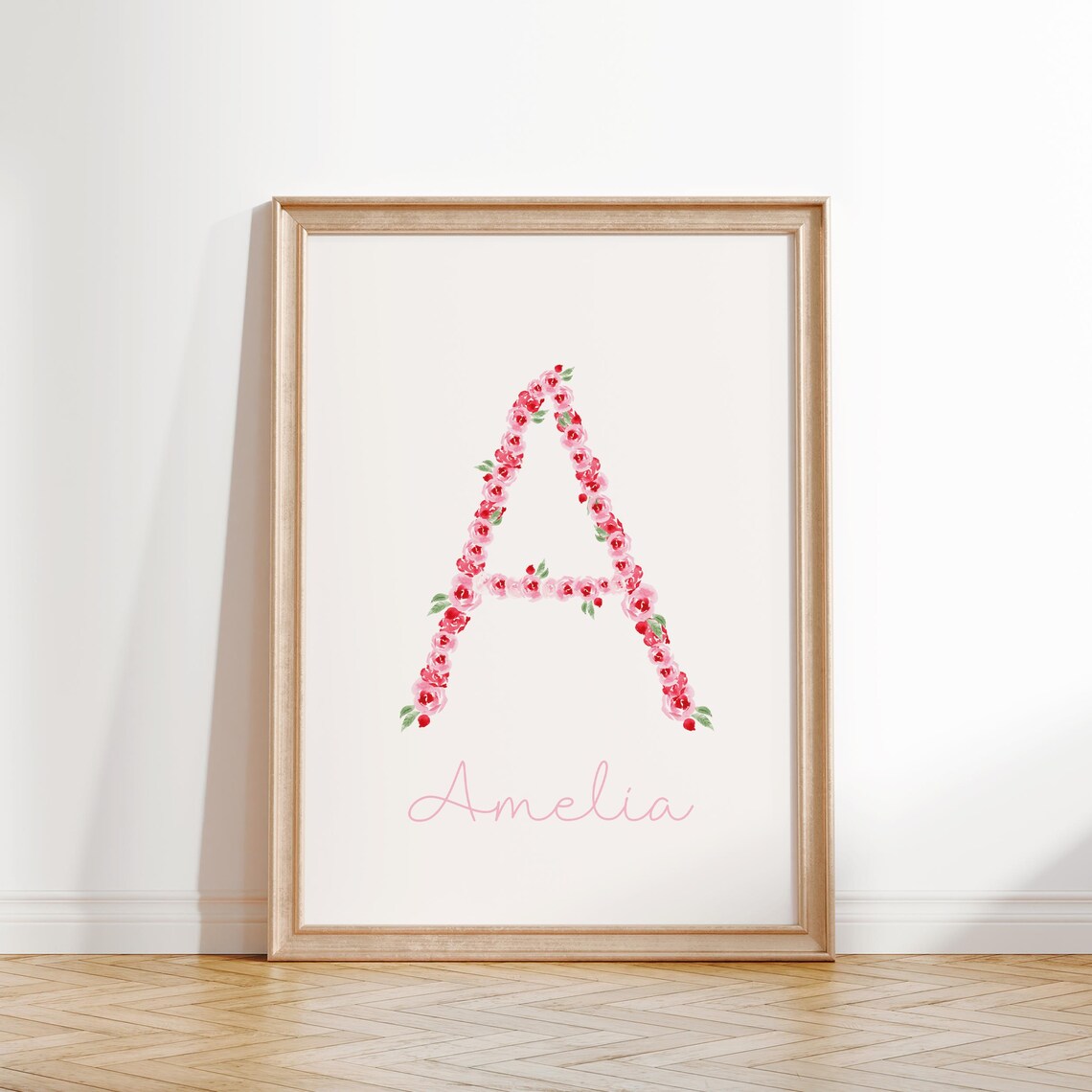 Floral Letter A With Name Pink Roses Custom Girls Nursery Decor Art Poster - Image 2