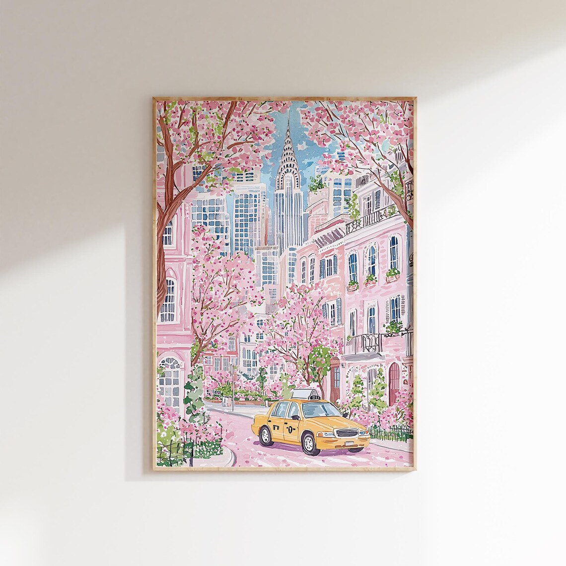 New York Yellow Taxi Cherry Blossom Street Chrysler Skyline Poster
