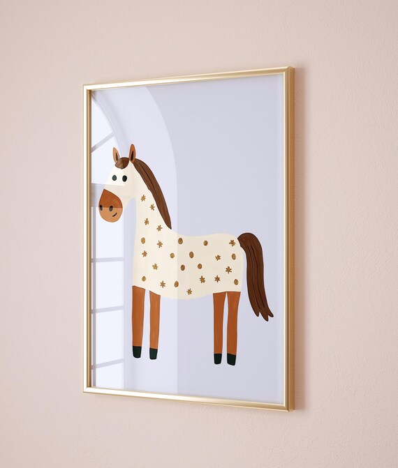 Cute Spotted Star Horse Cartoon Nursery Kids Animal Decor Poster
