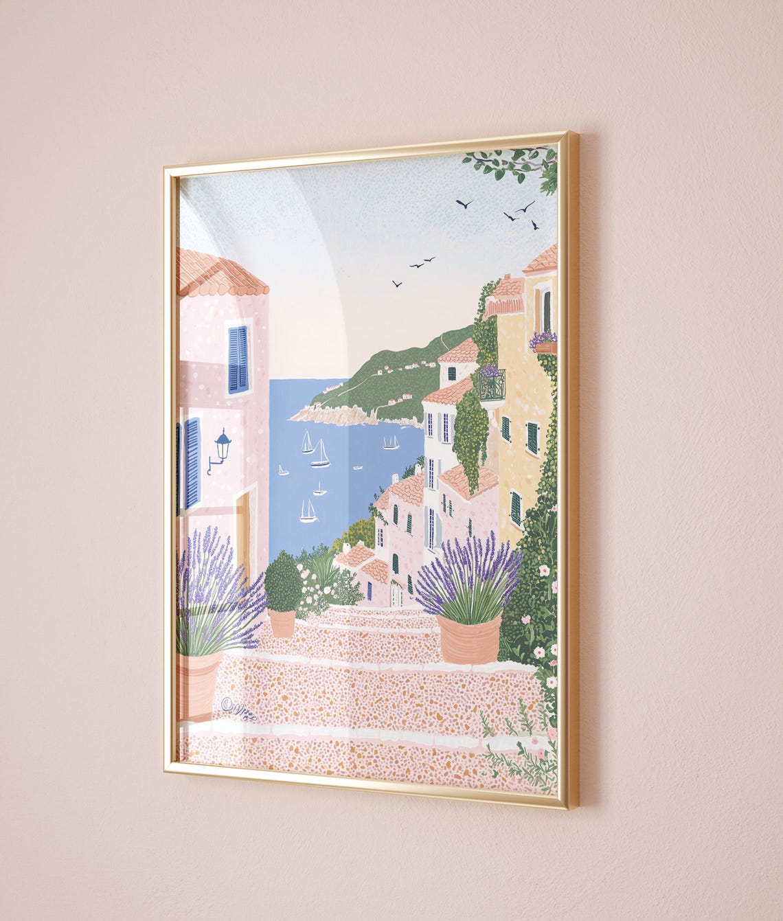 Mediterranean Stone Steps Lavender Sailboats Coastal Town Poster - Image 3