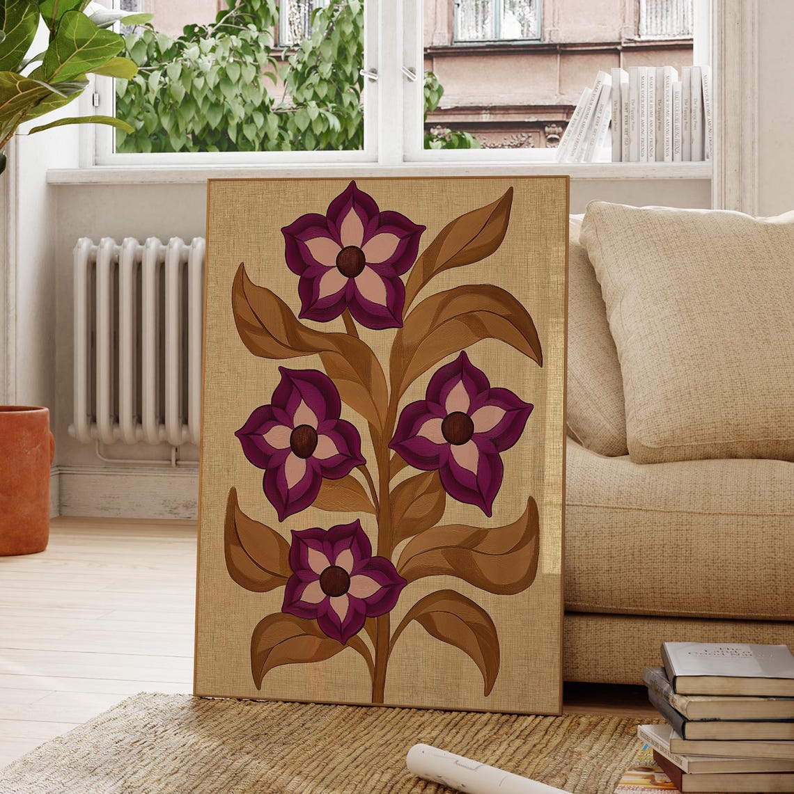 Retro Purple Flower Botanical Print Mid Century Brown Leaf Wall Art - Image 3