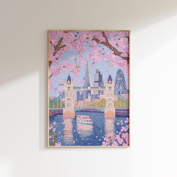 London Bridge Modern Cityscape Print Pink Cherry Blossom Wall Art Spring London City Wall Decor