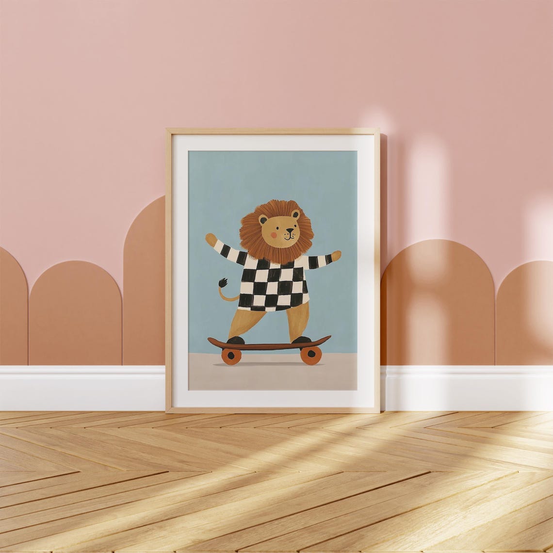 Lion Riding Skateboard in Checkered Shirt Kids Sports Art Poster - Image 5