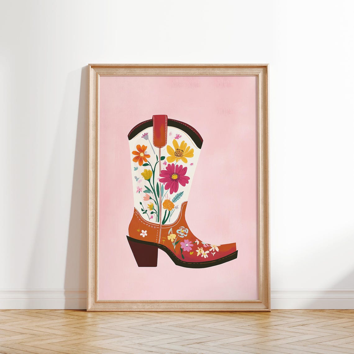 White Floral Cowboy Boot On Pink Western Boho Style Art Poster - Image 2