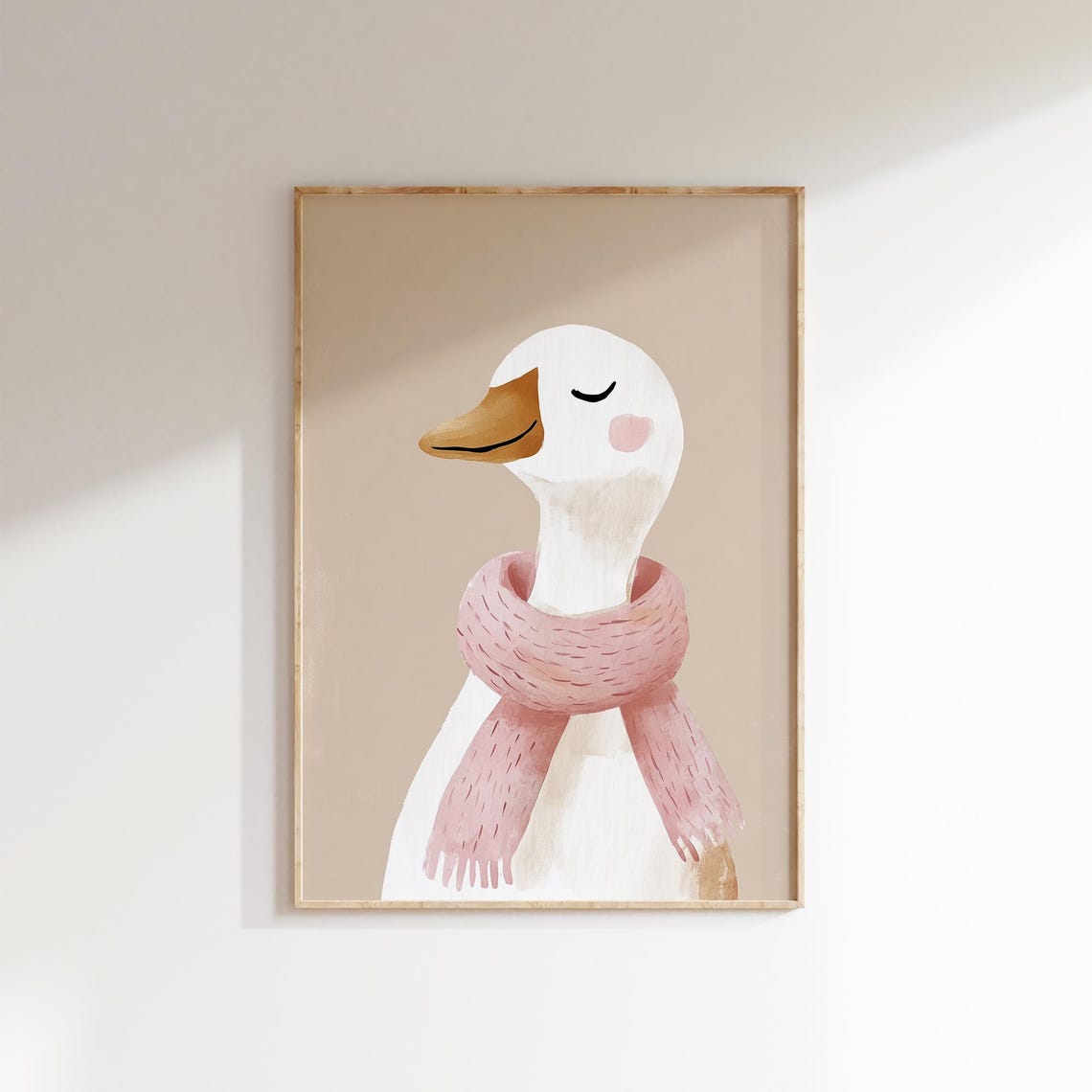 Sleepy Duck Pink Cozy Scarf Watercolor Beige Nursery Kids Wall Art - Image 2