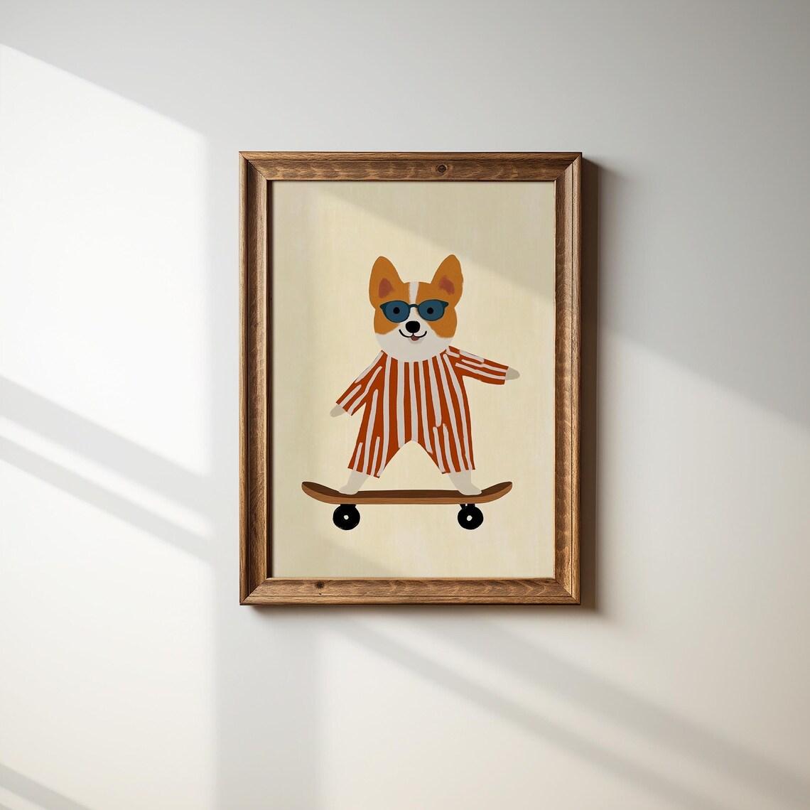 Corgi In Striped Pajamas Riding Skateboard Nursery Kids Animal Poster