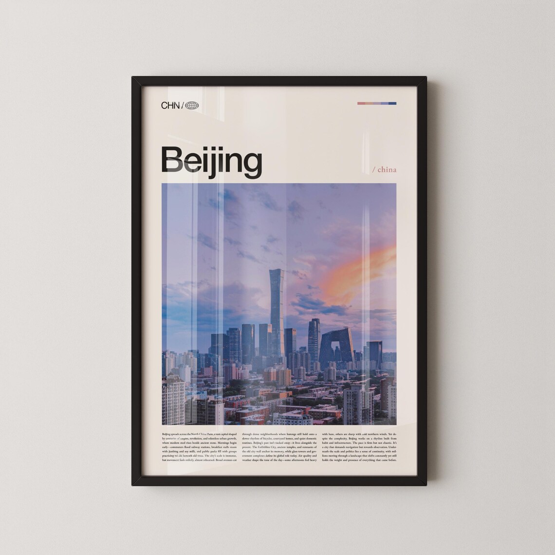 Beijing Pink Sunset City Skyline Photography Poster, China Travel Art