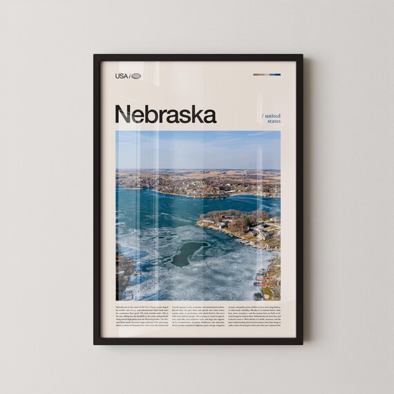 Nebraska Frozen Lake Aerial Shoreline Icy Winter Travel Poster