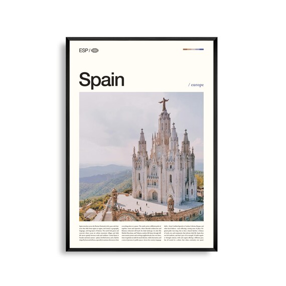 Spain Travel Poster with Hilltop Church and Christ Statue Front View Photo