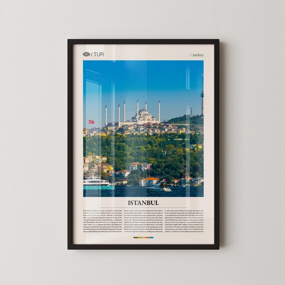 Istanbul Mosque Minarets Blue Sky Bottom Title Turkey Travel Poster