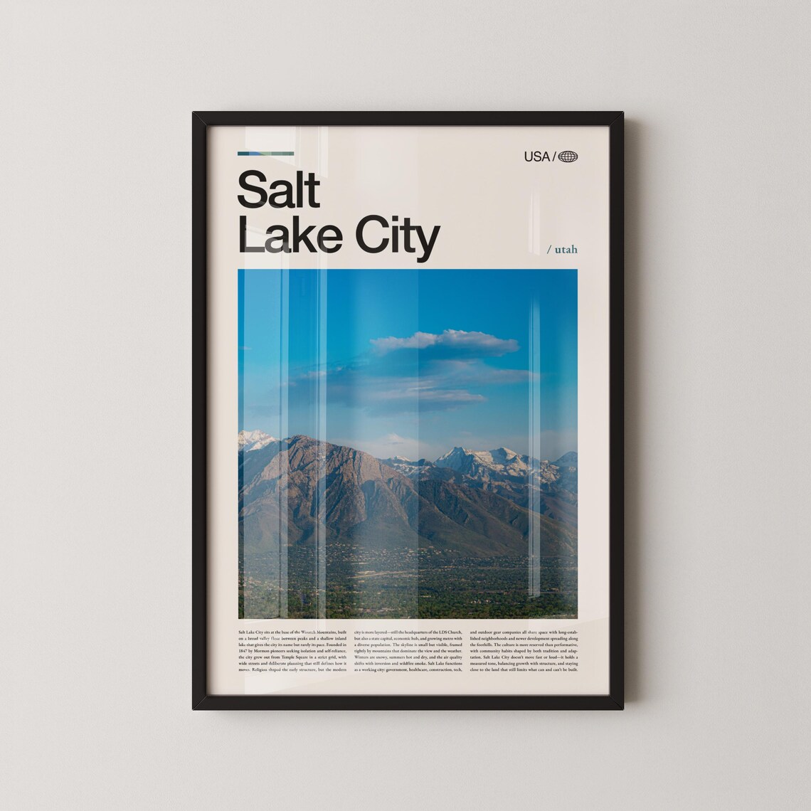 Salt Lake City Wasatch Mountains Blue Sky Utah Travel Poster