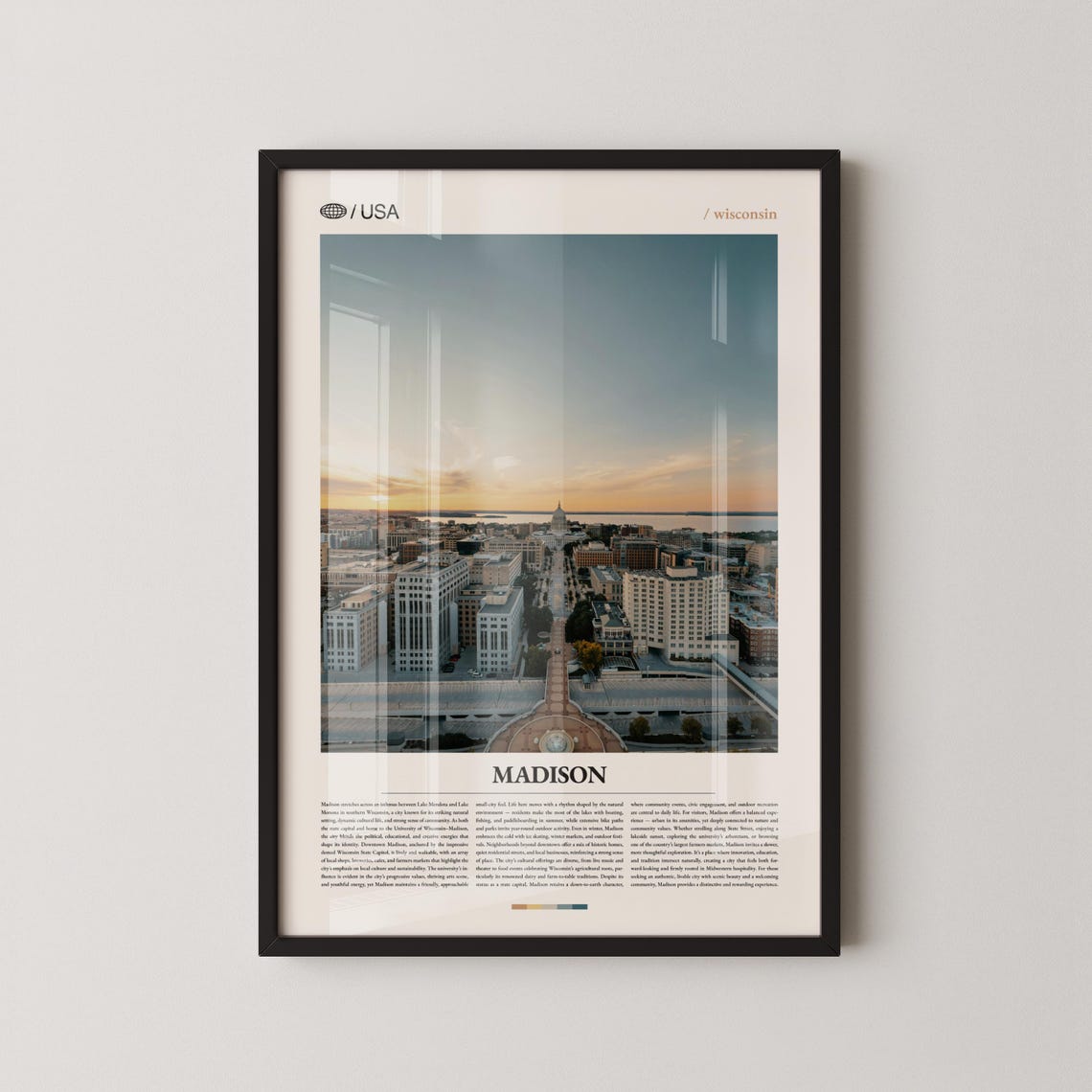 Madison Wisconsin Sunset Skyline Aerial Travel Poster Classic Layout
