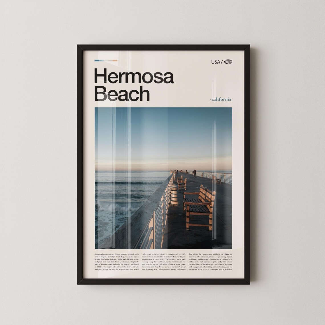 Hermosa Beach California Pier Benches Sunrise Photo Travel Poster