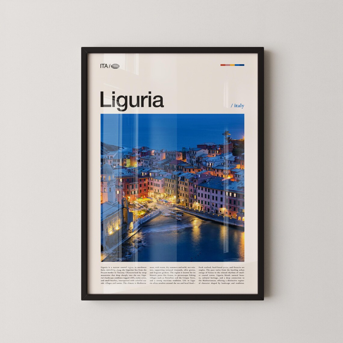 Liguria Italy Night Coastal Village Glowing Blue Hour Travel Poster