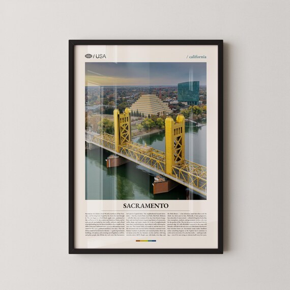Sacramento Tower Bridge Aerial River City Skyline Travel Poster