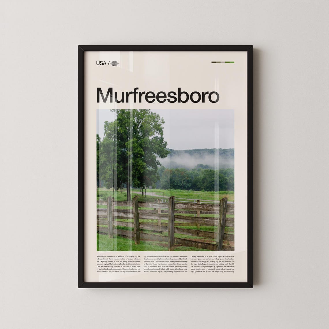 Murfreesboro Tennessee Bold Title Rustic Farm Fence Travel Poster