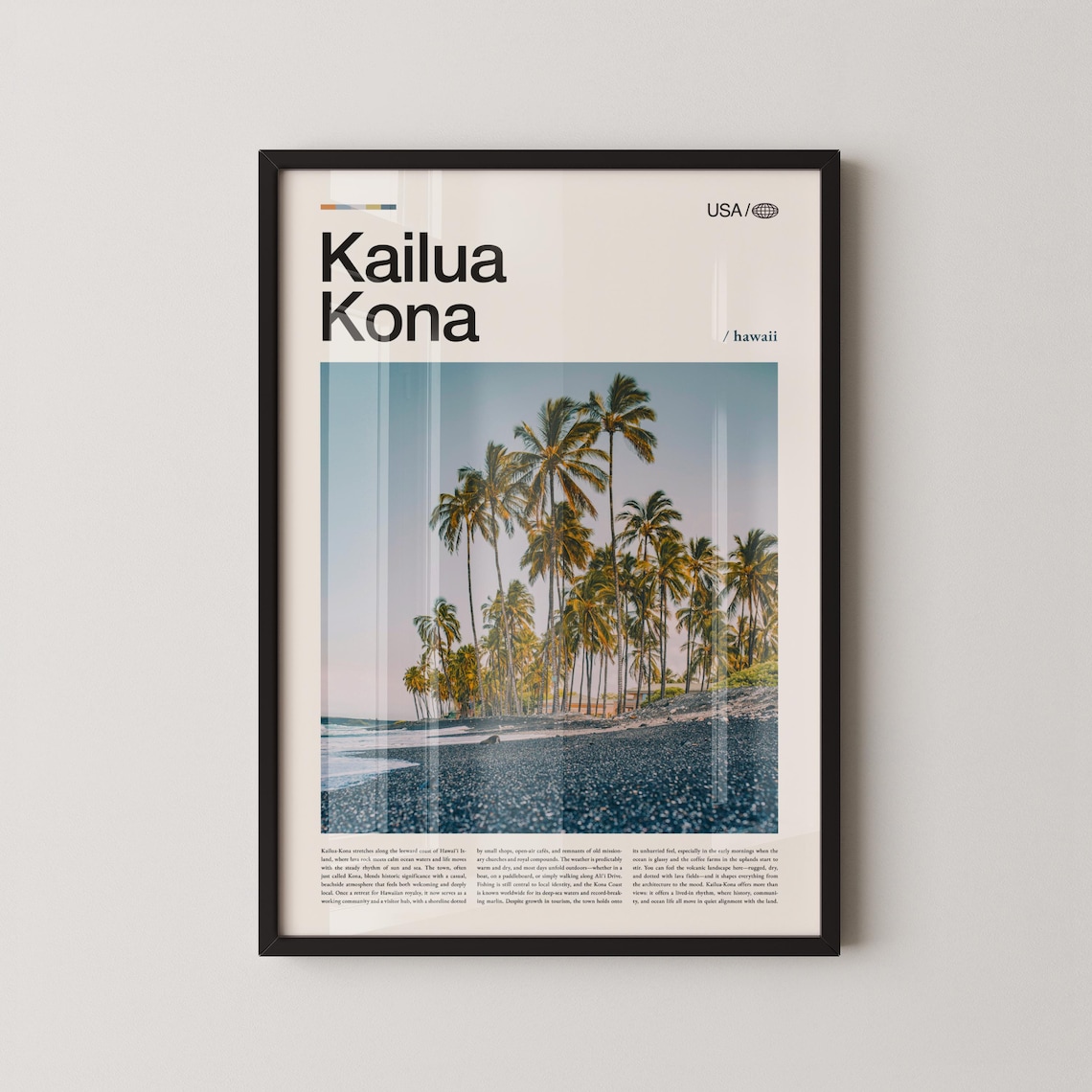 Kailua Kona Hawaii Black Sand Beach Palm Trees Travel Poster