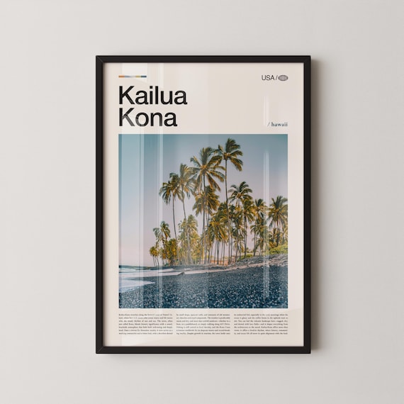 Kailua Kona Hawaii Black Sand Beach Palm Trees Travel Poster