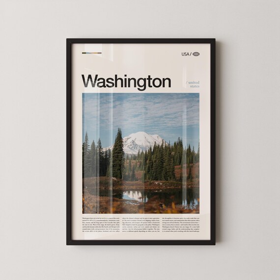 Washington Snowcapped Peak Behind Tall Pines Lake Travel Poster