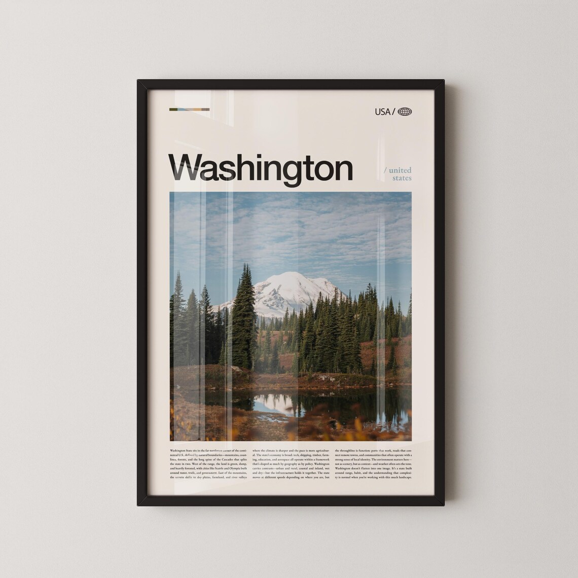 Washington Snowcapped Peak Behind Tall Pines Lake Travel Poster