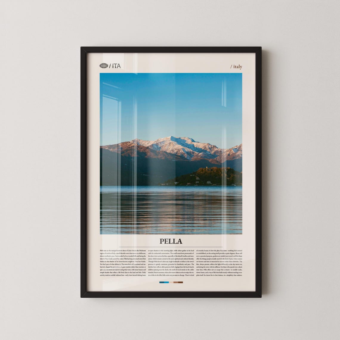Pella Italy Photography Poster with Lake and Snowcapped Mountain View
