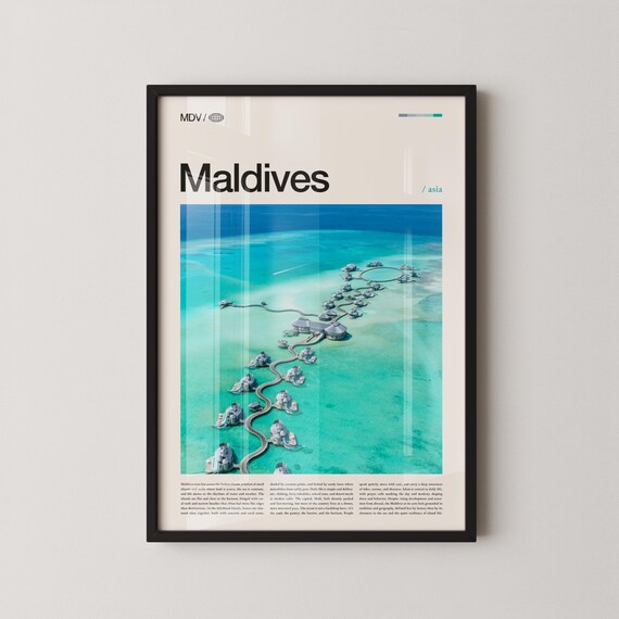Maldives Wall Art Tropical Island And Overwater Bungalow Print Poster Scenic Ocean Photography Beach Paradise Decor