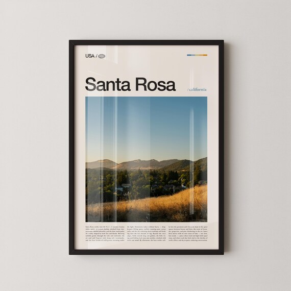 Santa Rosa California Golden Hills Sunset Modern Travel Photo Poster