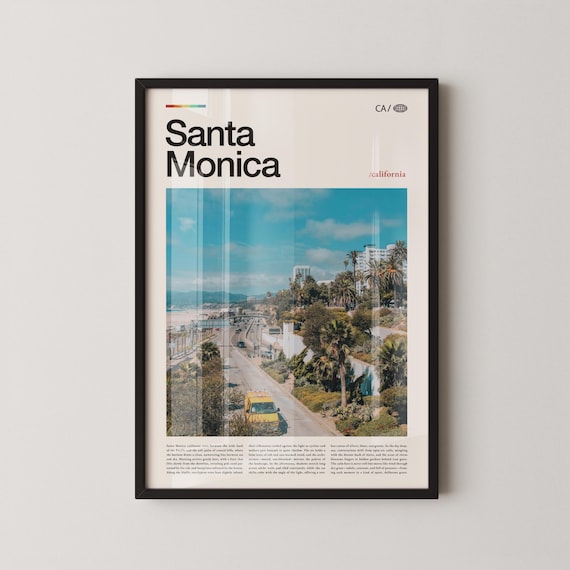 Santa Monica Palm Trees Yellow Van Street Scene Travel Poster