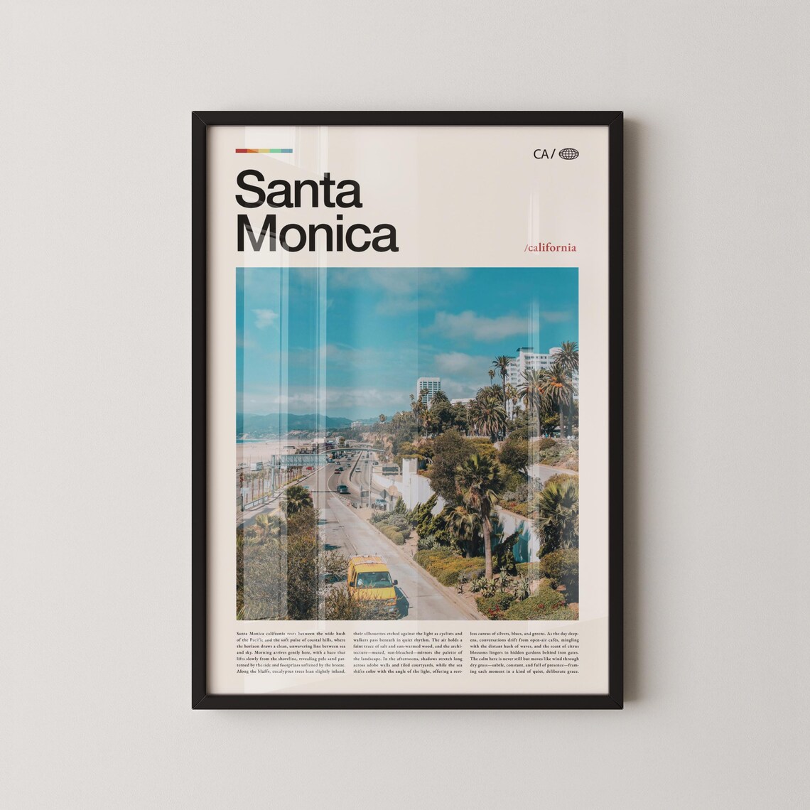 Santa Monica Palm Trees Yellow Van Street Scene Travel Poster