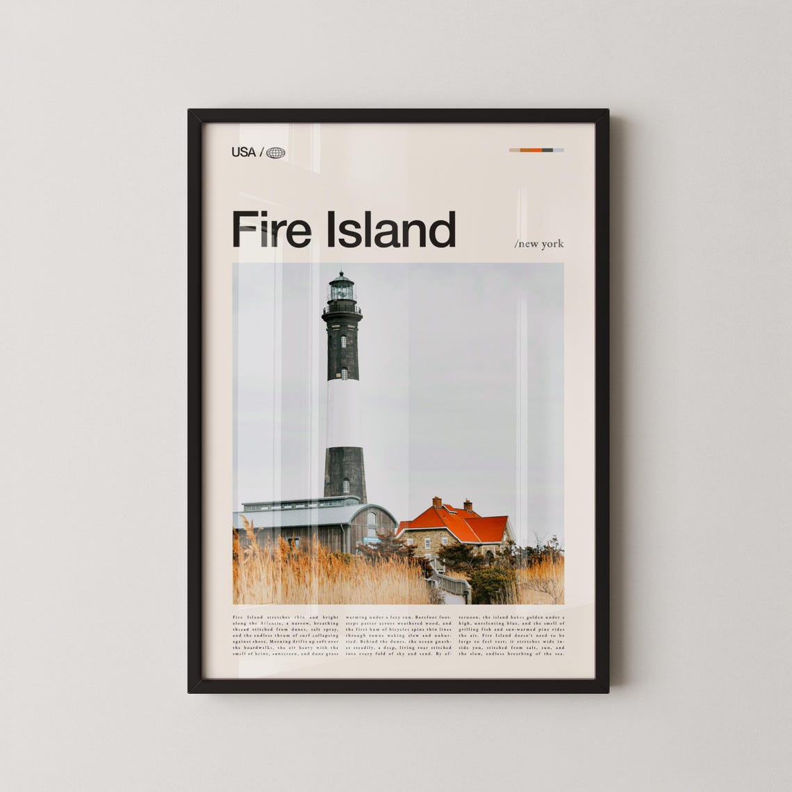 Fire Island New York Lighthouse Grass Dunes Typography Travel Poster