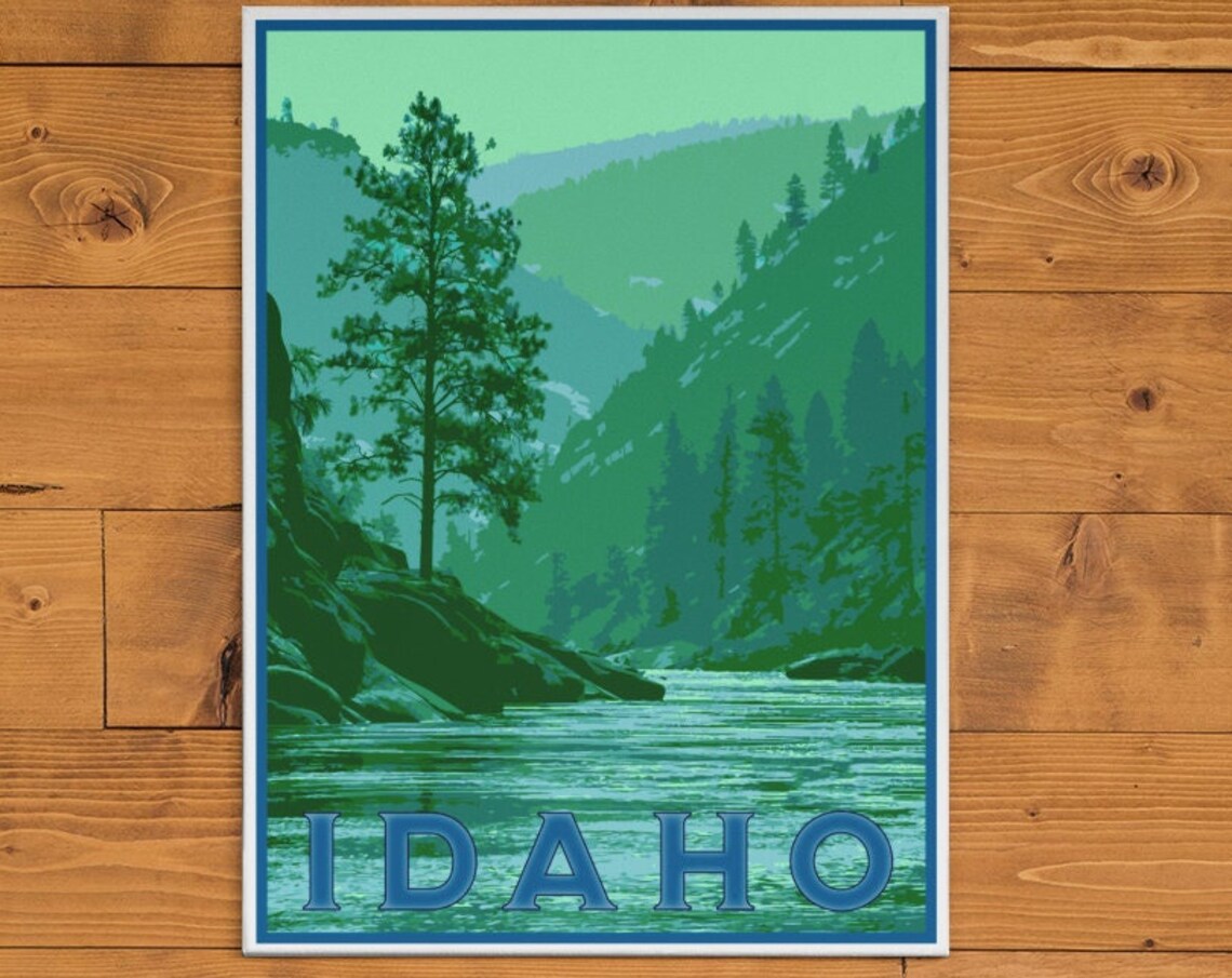 Idaho Green River Pine Forest Rocky Shore Vintage Travel Poster
