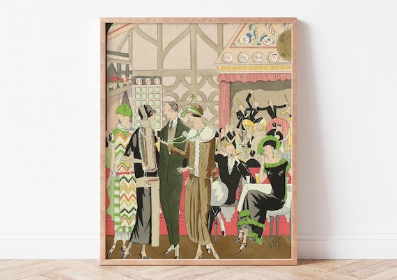 1920s Art Deco Fashion Party Theater Scene Vintage French Print