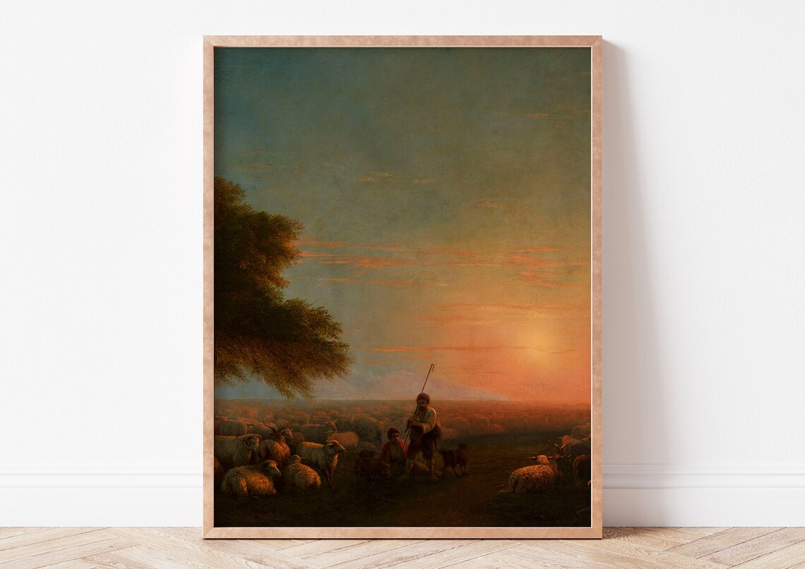 Shepherd With Sheep Flock at Sunset Romantic Oil Painting Vintage Poster