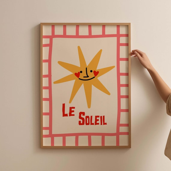 Le Soleil Print Boho Nursery Wall Art Whimsical Sun Poster French Danish Pastel Colourful Gender Neutral Bedroom