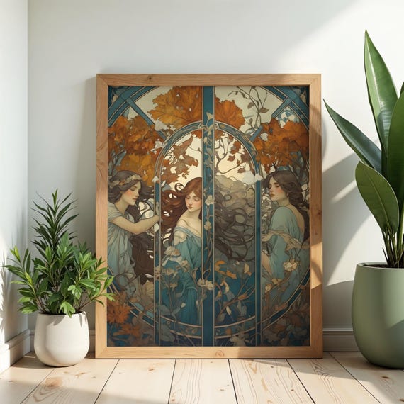 Art Nouveau Goddess Print Ethereal Fantasy Women Botanical Illustration