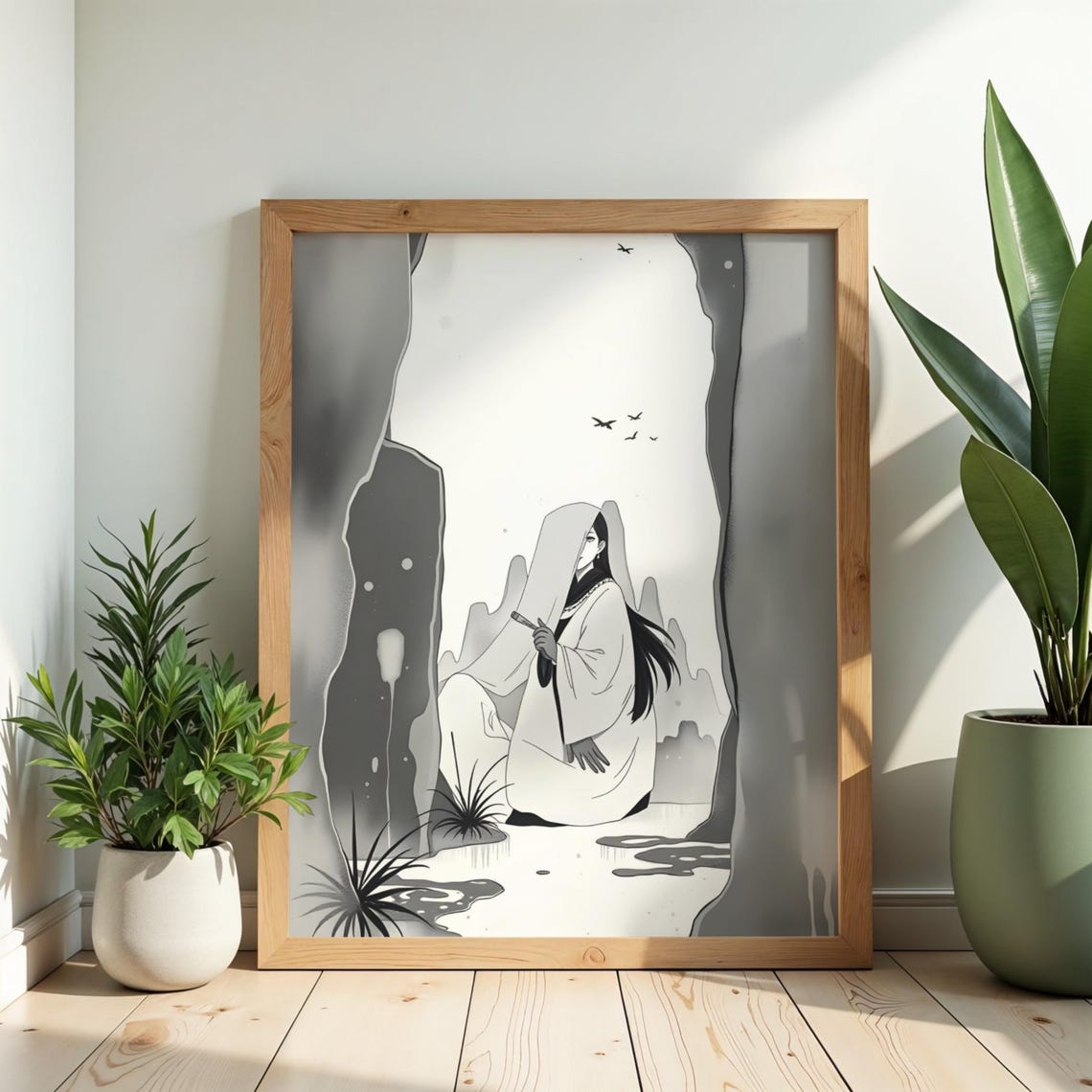 Japanese Ink Woman Waterfall Grayscale Minimalist Zen Art Poster